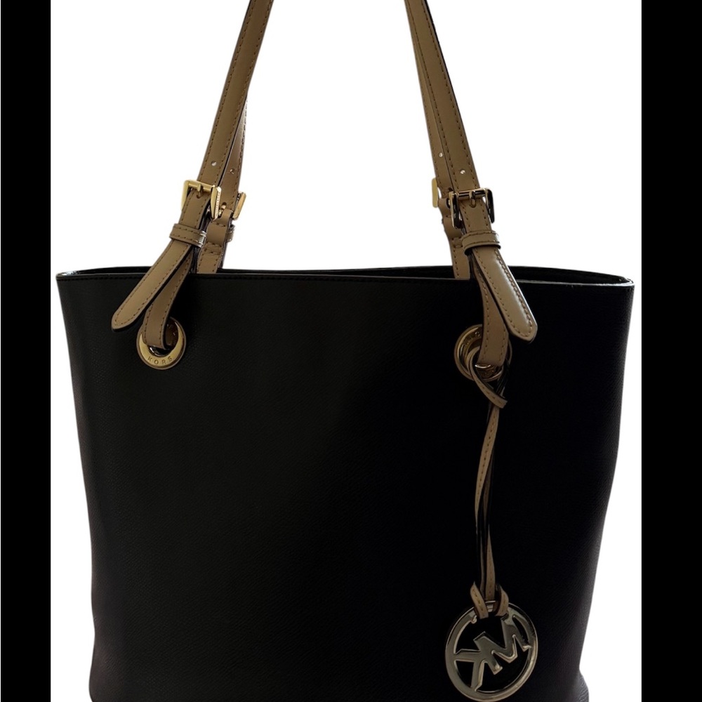 Black Michael Kors Tote Bag with Tan Straps